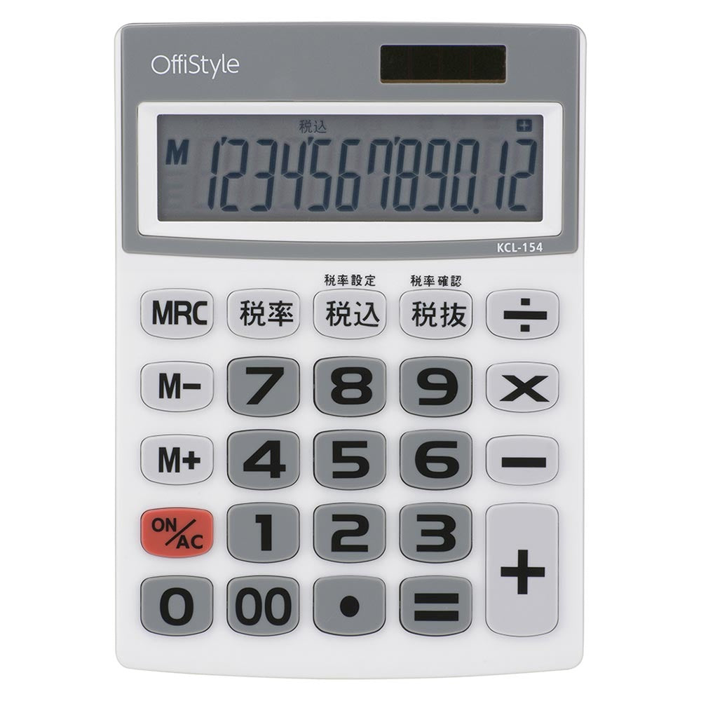 12桁大画面税率電卓(ソーラーパネル&電池の2電源/大型液晶・大型キー/グレー)_07-8639_KCL-154_OHM(オーム電機)